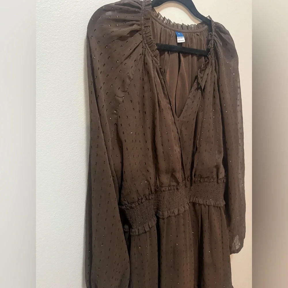 Old Navy Brown Shimmer Chiffon Mini Dress Long Sleeve Waist-Defined XL - Picture 4 of 6